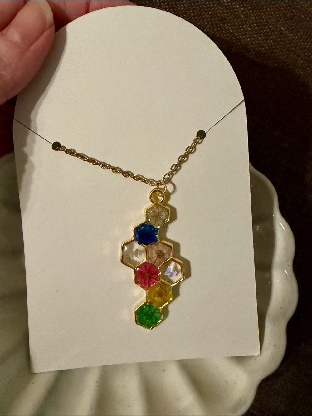 Gold Honeycomb Pendant Necklace with Multicolor Gemstones